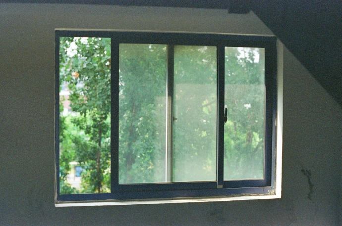 A window with a view of green trees outside.